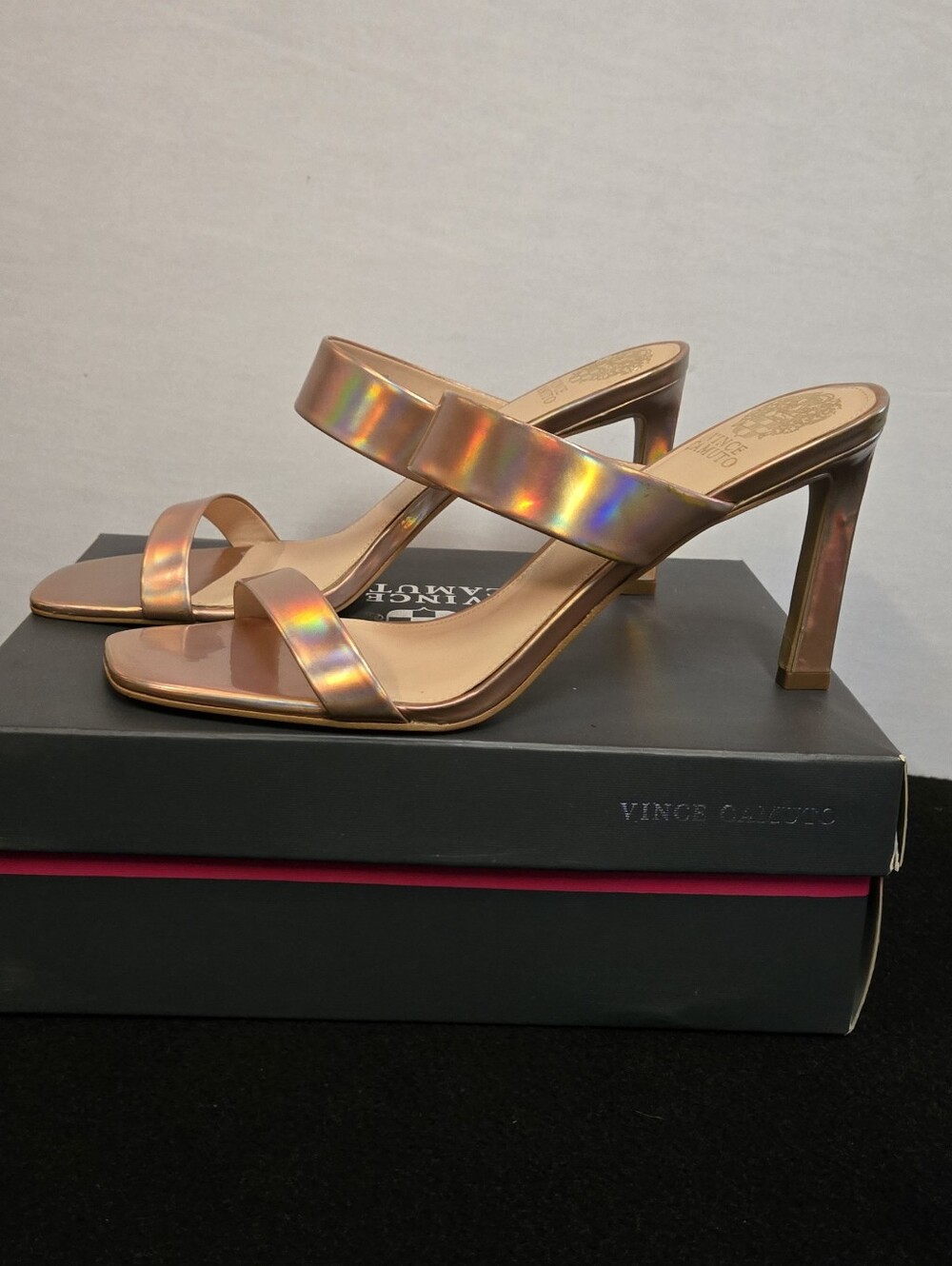 Vince Camuto Iridescent Rose-Gold Strappy Mule Heels